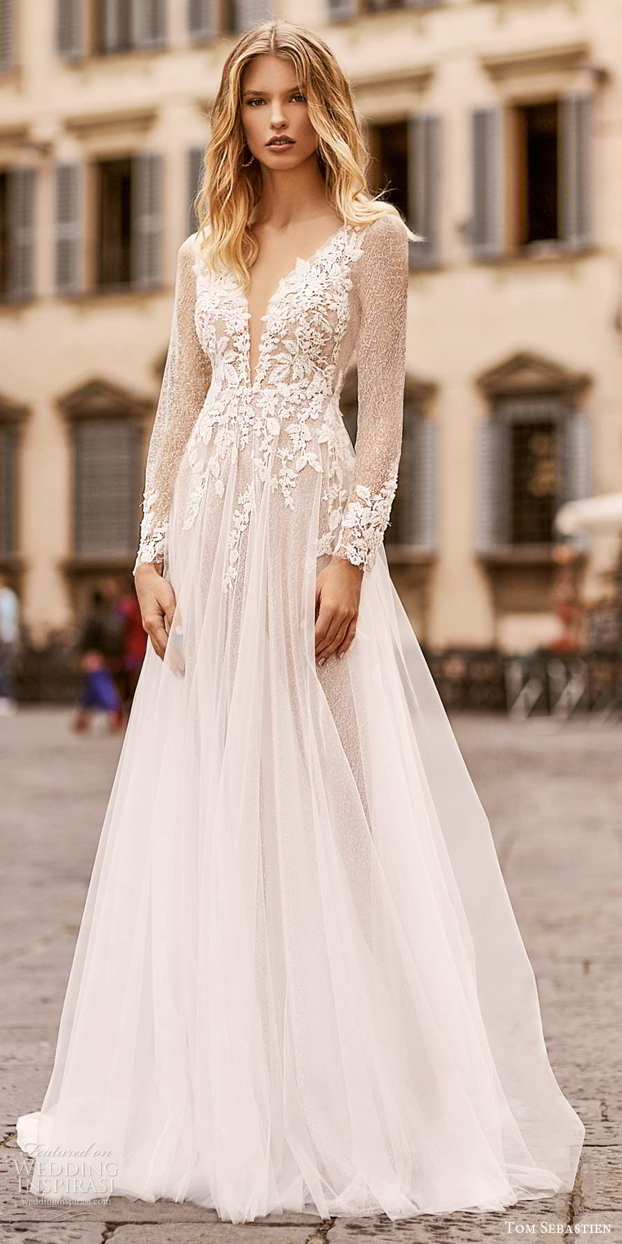 tom sebastien 2020 bridal illusion long sleeves plunging neckline heavily embellished bodice a line ball gown wedding dress chapel train (16) mv