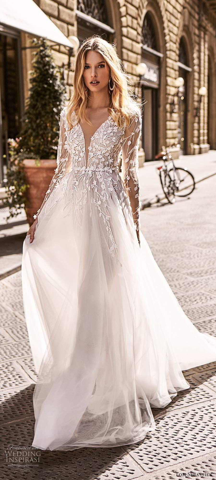 tom sebastien 2020 bridal illusion long sleeves plunging v neckline heavily embellished a line ball gown wedding dress v back chapel train (14) mv