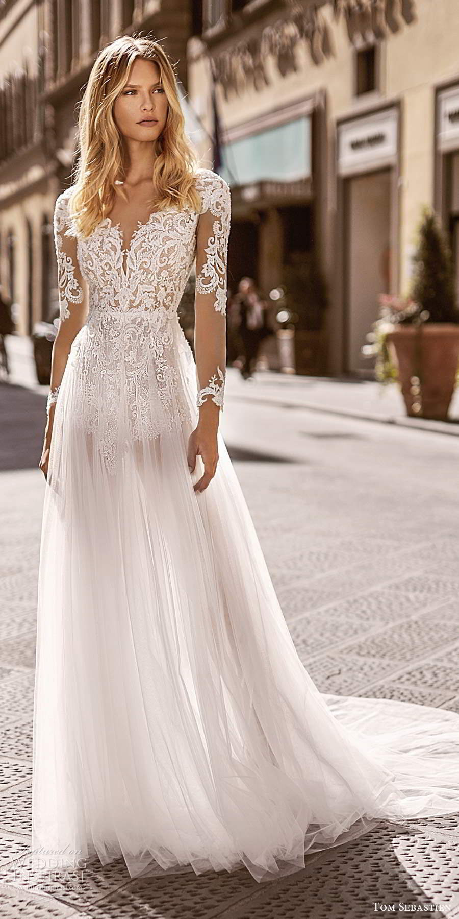 tom sebastien 2020 bridal illusion long sleeves sweetheart neckline heavily embellished bodice a line ball gown wedding dress chapel train (17) mv