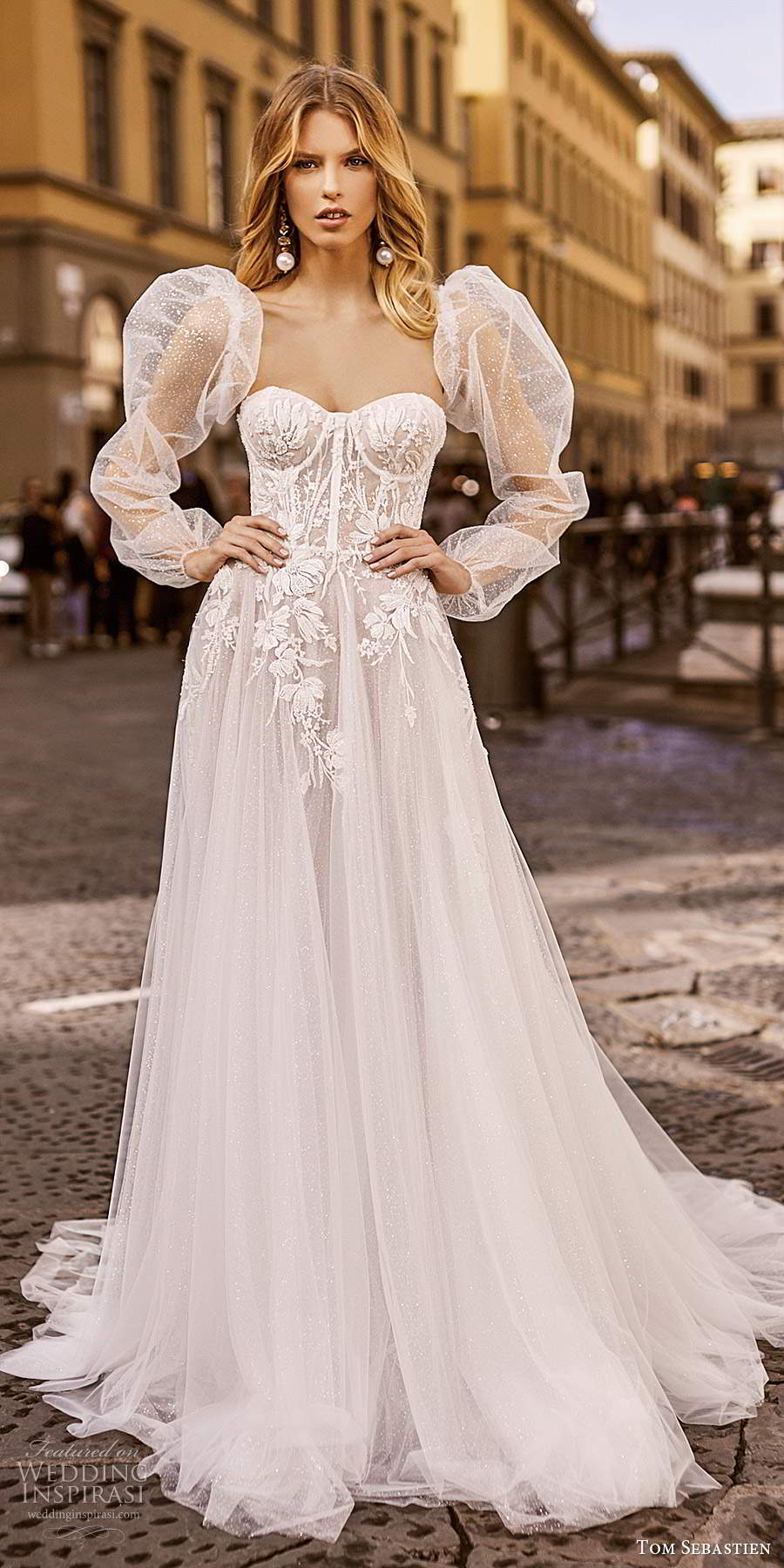 tom sebastien 2020 bridal sheer detached long puff sleeves strapless sweetheart fully embellished a line ball gown wedding dress chapel train (1) fv