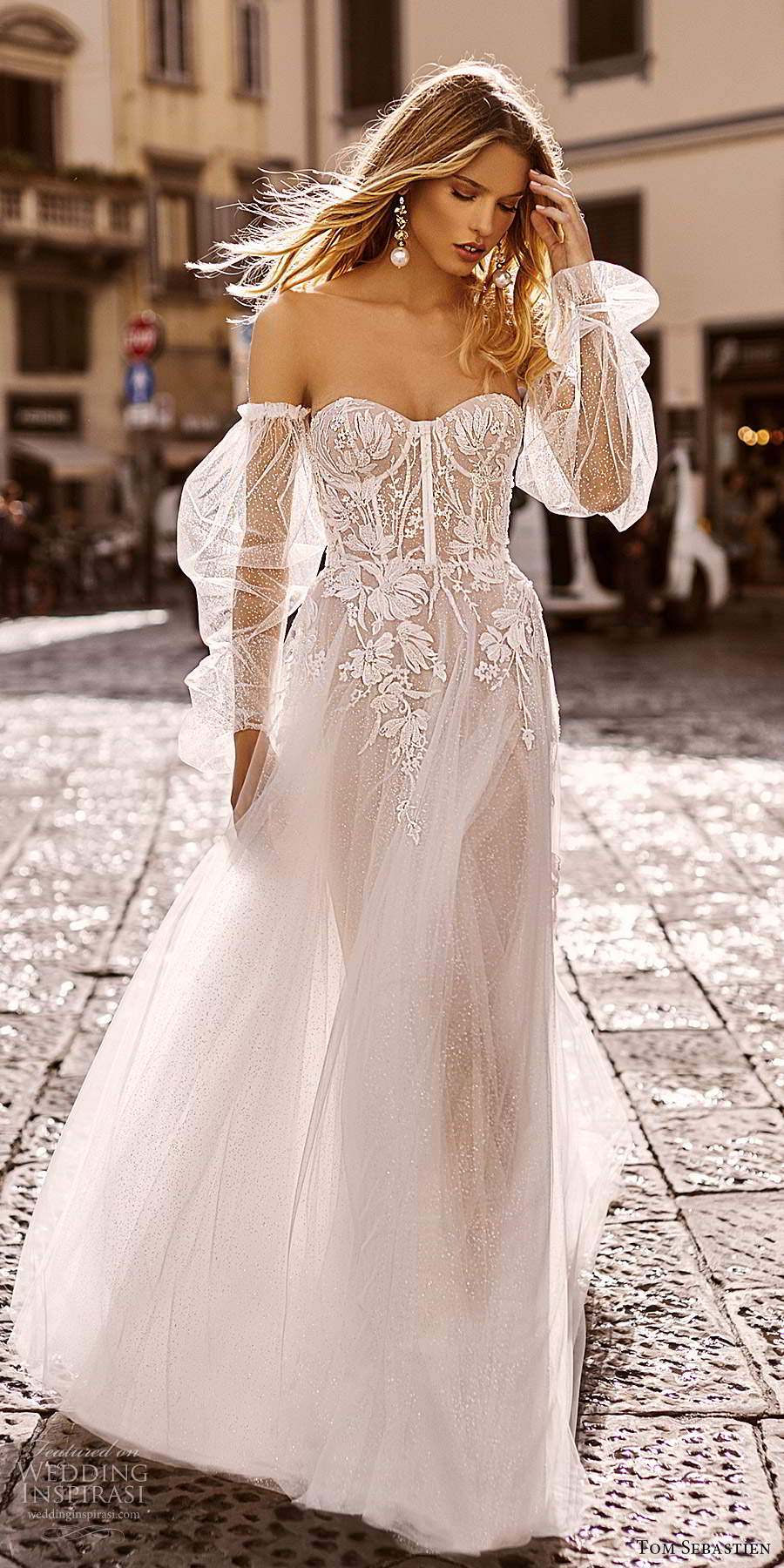 tom sebastien 2020 bridal sheer detached long puff sleeves strapless sweetheart fully embellished a line ball gown wedding dress chapel train (1) mv