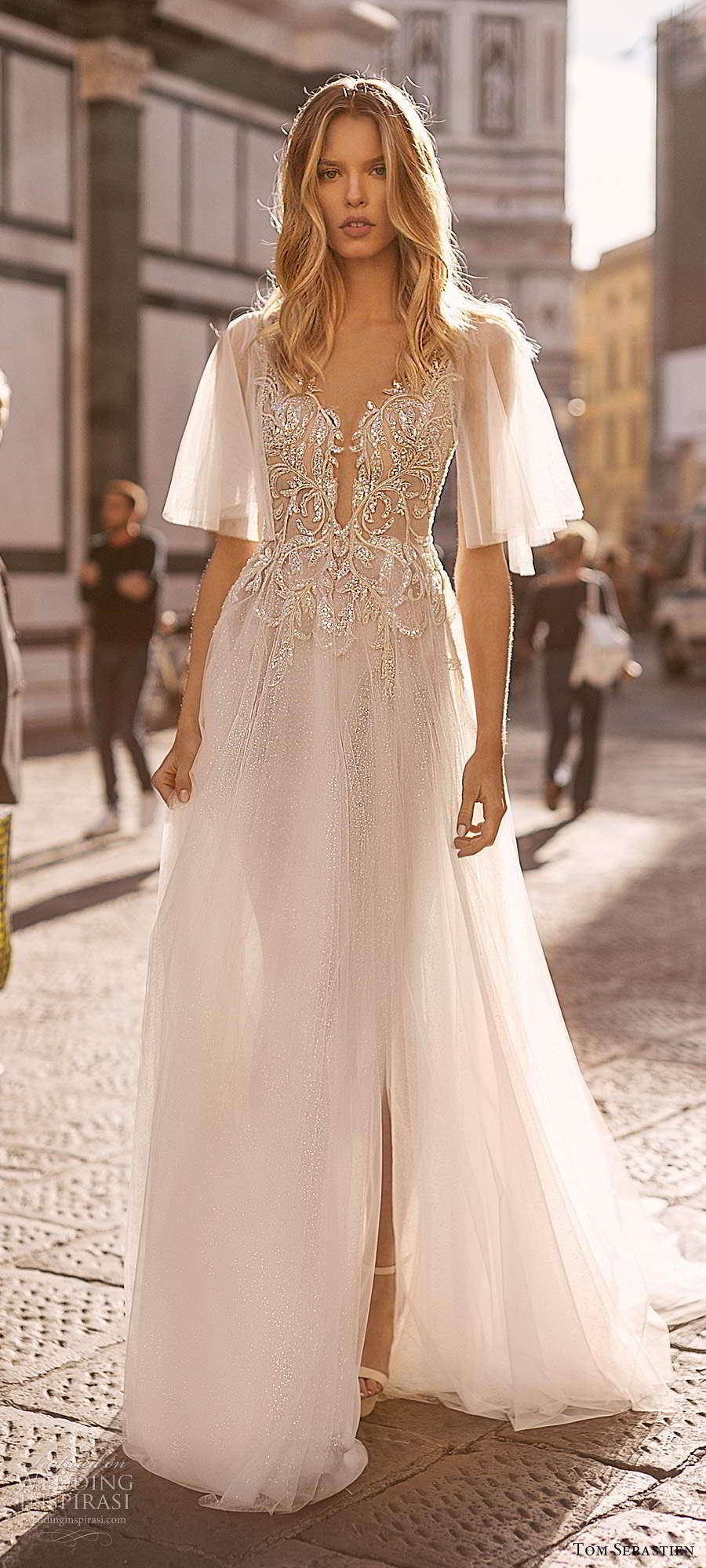 tom sebastien 2020 bridal sheer flutter half sleeves plunging v neckline fully embellished a line ball gown wedding dress scoop back chapel train (3) mv