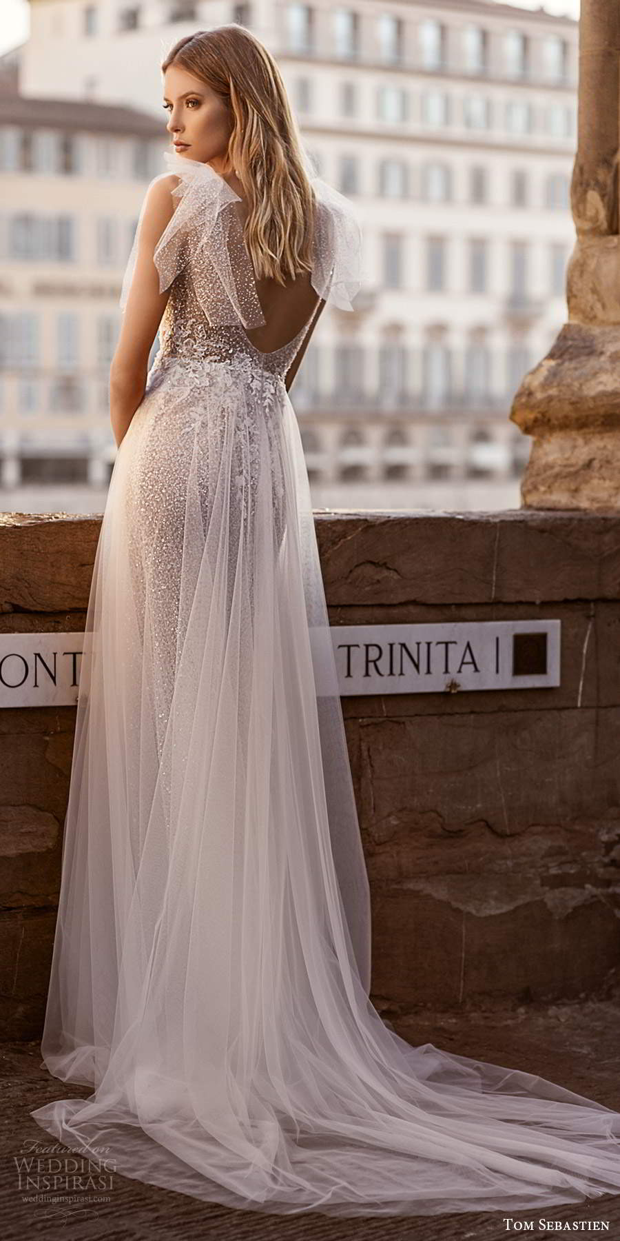 tom sebastien 2020 bridal sleeveless bow straps plunging v neckline fully embellished soft a line ball gown wedding dress slit skirt chapel train scoop back (4) bv