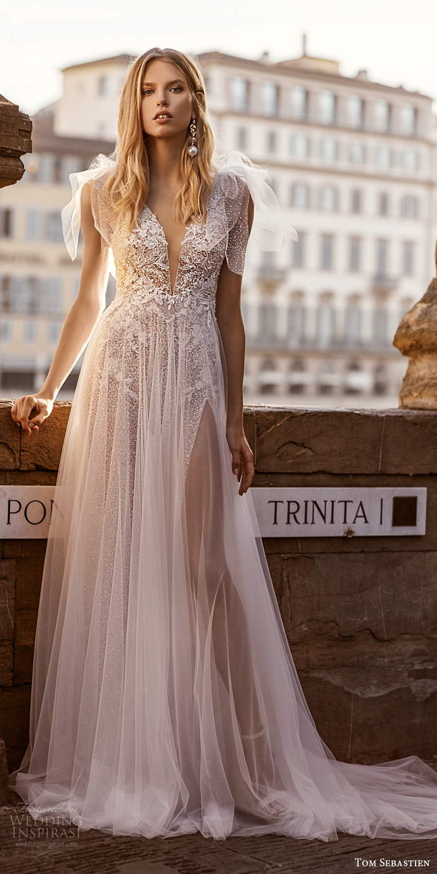 tom sebastien 2020 bridal sleeveless bow straps plunging v neckline fully embellished soft a line ball gown wedding dress slit skirt chapel train scoop back (4) mv