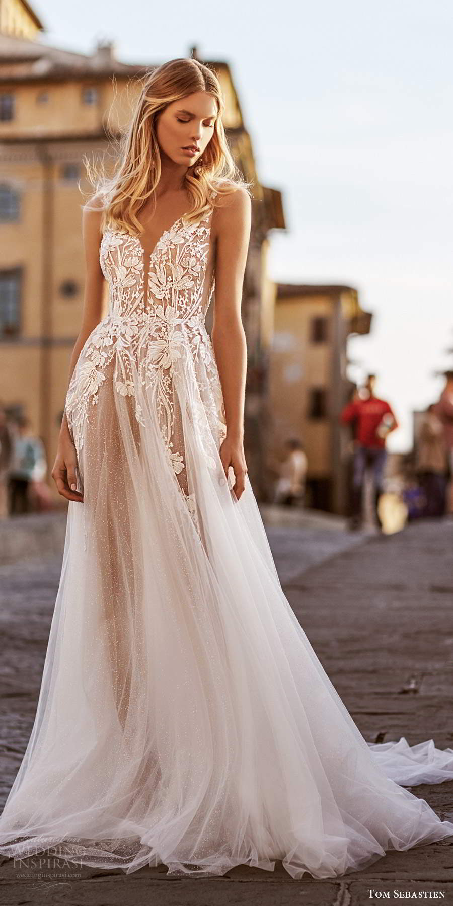 tom sebastien 2020 bridal sleeveless sheer straps plunging v neckline fully embellished a line ball gown wedding dress low v back chapel train (5) mv