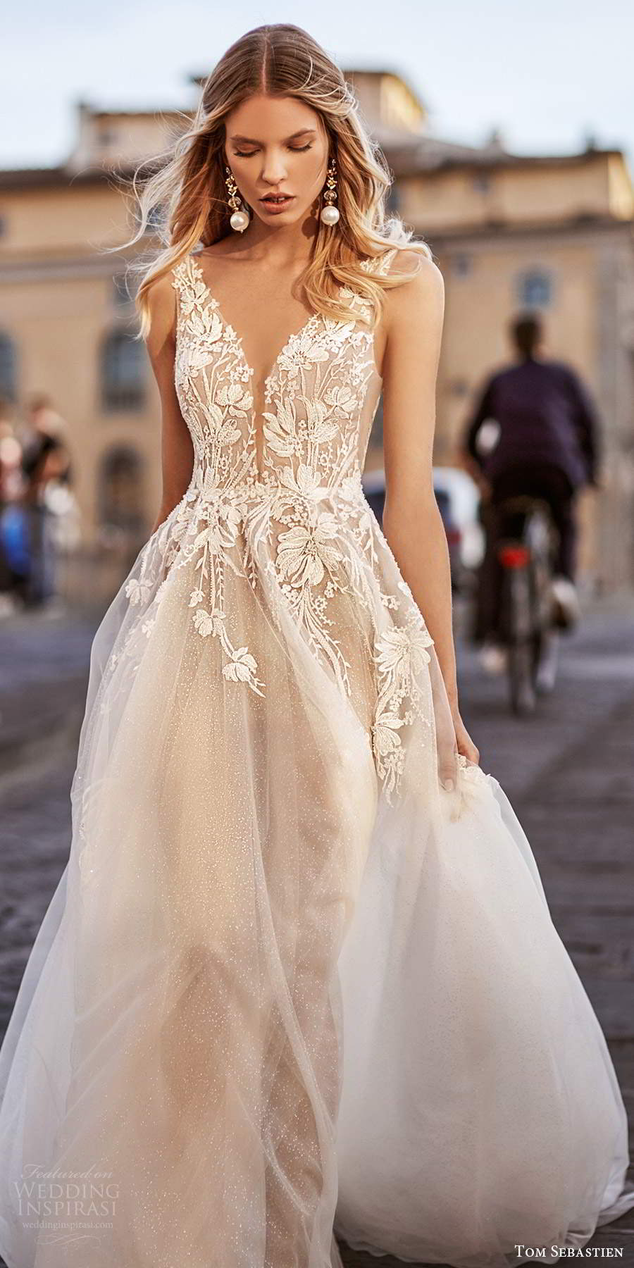 tom sebastien 2020 bridal sleeveless sheer straps plunging v neckline fully embellished a line ball gown wedding dress low v back chapel train (5) zv