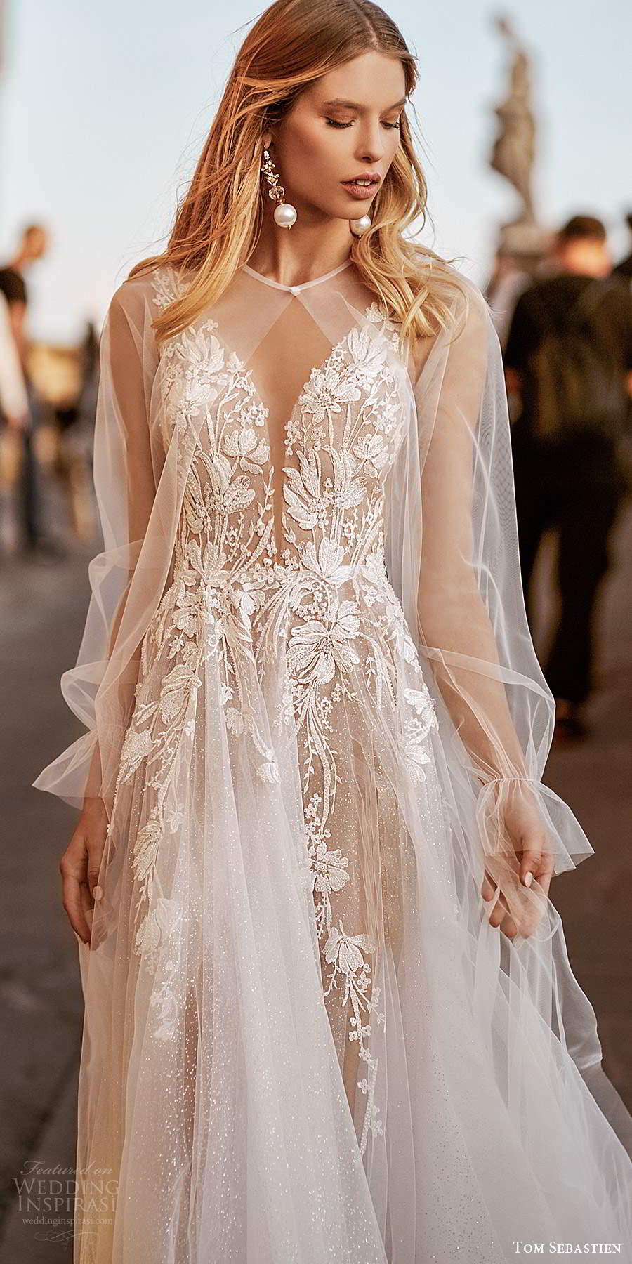 tom sebastien 2020 bridal sleeveless sheer straps plunging v neckline fully embellished a line ball gown wedding dress low v back chapel train sheer coat (5) zv