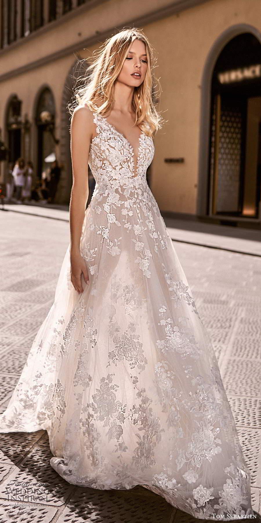 tom sebastien 2020 bridal sleeveless sheer straps plunging v neckline fully embellished a line ball gown wedding dress v back chapel train (6) mv