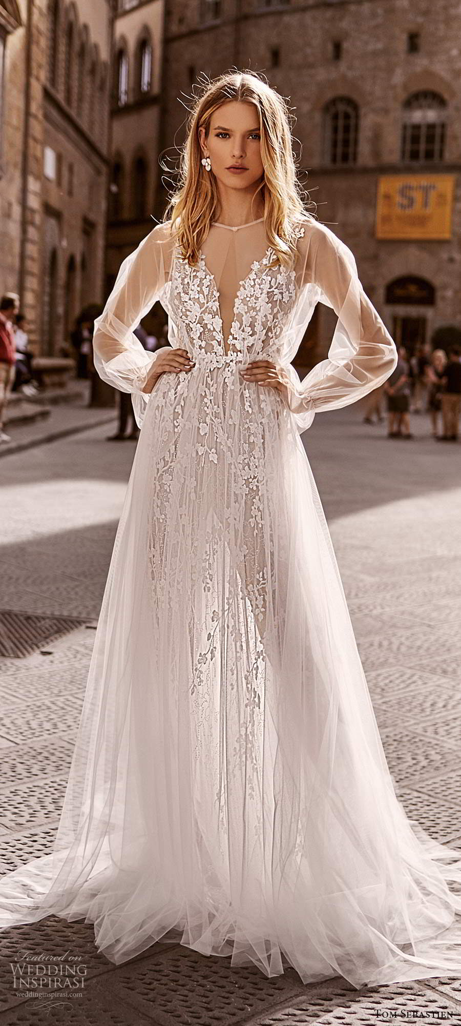 tom sebastien 2020 bridal sleeveless sheer straps plunging v neckline fully embellished a line ball gown wedding dress v back chapel train sheer coat (12) bv