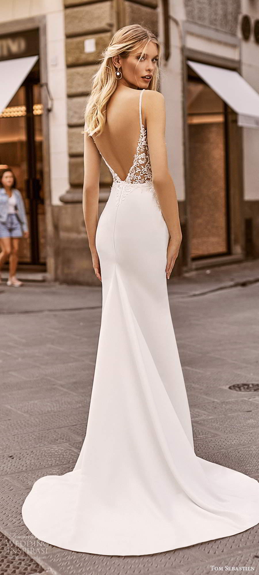 tom sebastien 2020 bridal sleeveless sheer straps plunging v neckline heavily embellished sheer bodice sheath wedding dress v back chapel train (11) bv