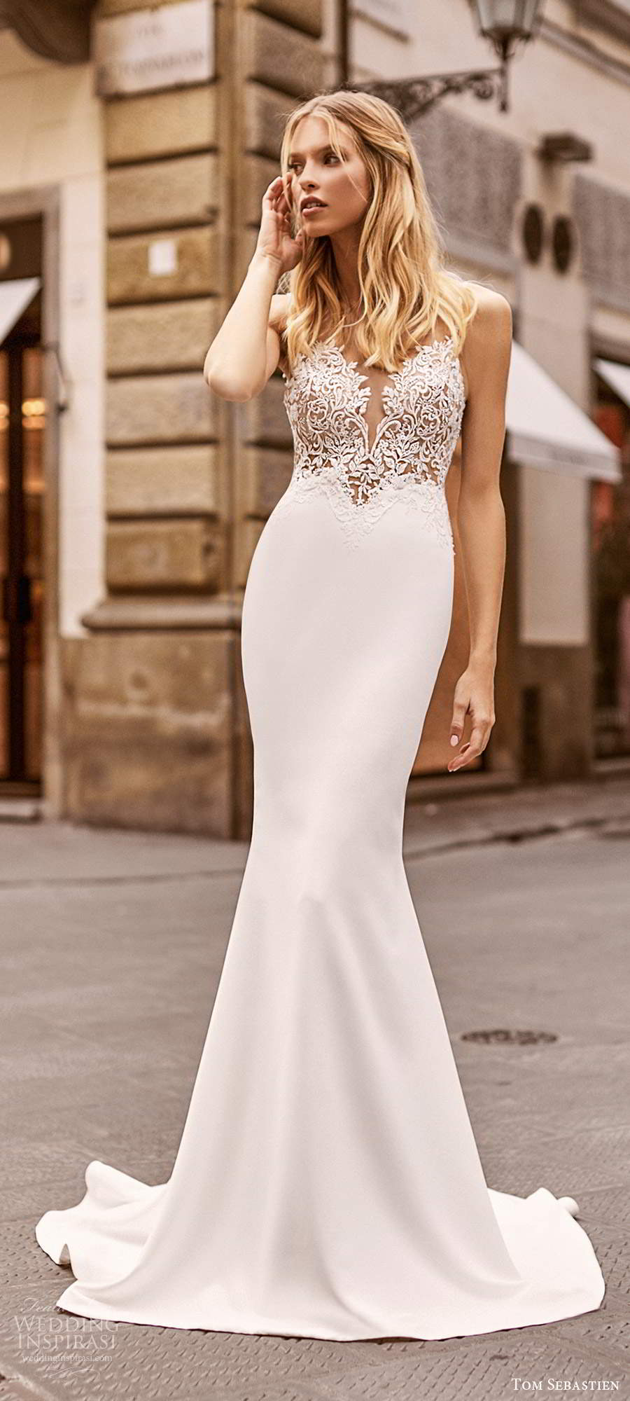 tom sebastien 2020 bridal sleeveless sheer straps plunging v neckline heavily embellished sheer bodice sheath wedding dress v back chapel train (11) mv