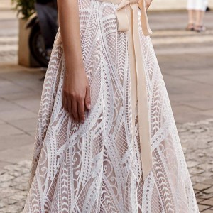victoria soprano fall 2020 bridal cap sleeves sweetheart neckline fully embellished lace fit flare blush a line wedding dress chapel trian (11) mv