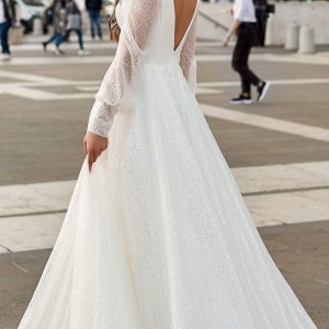 victoria soprano fall 2020 bridal illusion long poet sleeves v neckline fully embellished glitzy a line ball gown wedding dress chapel train (10) bv