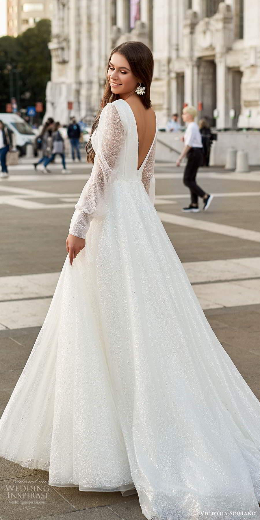 victoria soprano fall 2020 bridal illusion long poet sleeves v neckline fully embellished glitzy a line ball gown wedding dress chapel train (10) bv