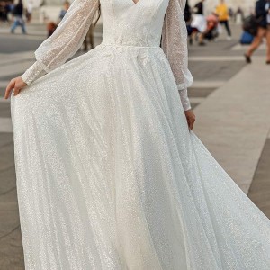 victoria soprano fall 2020 bridal illusion long poet sleeves v neckline fully embellished glitzy a line ball gown wedding dress chapel train (10) mv