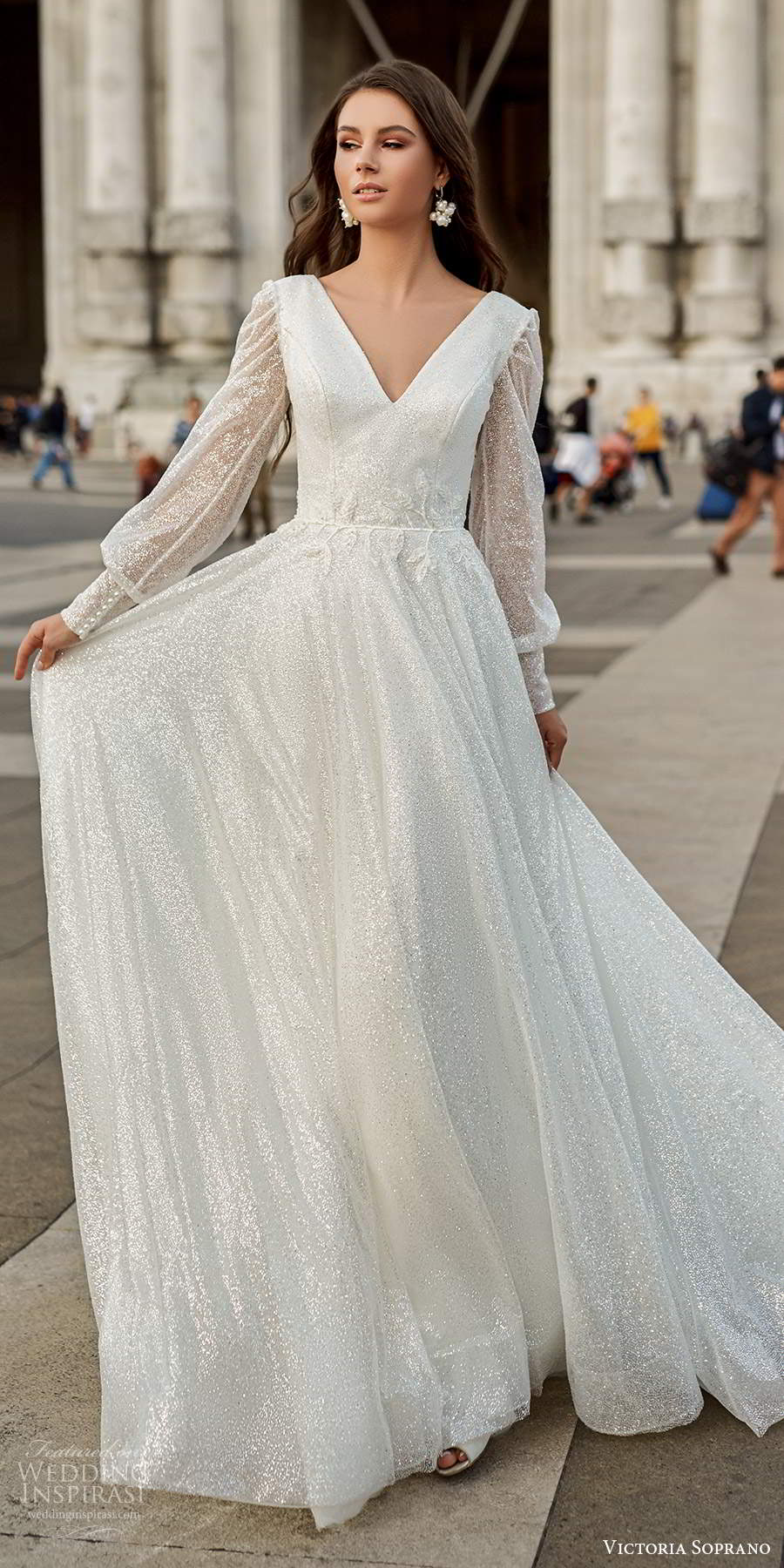 victoria soprano fall 2020 bridal illusion long poet sleeves v neckline fully embellished glitzy a line ball gown wedding dress chapel train (10) mv