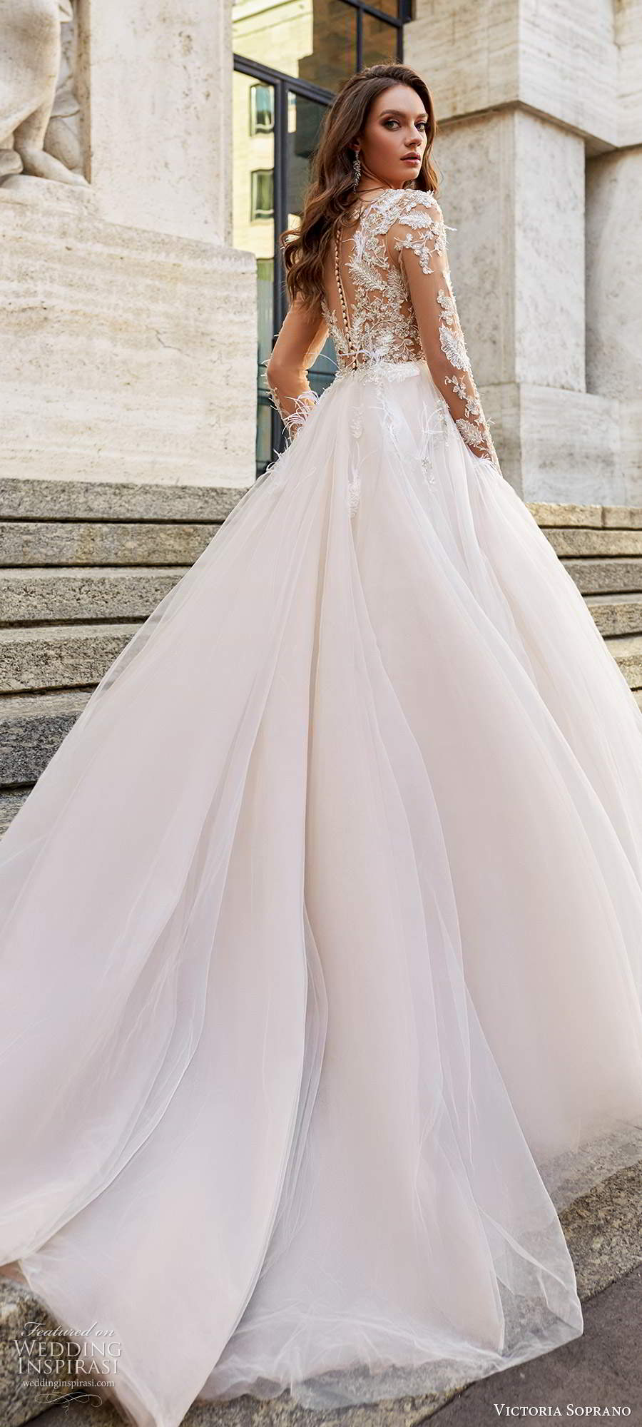 victoria soprano fall 2020 bridal illusion long sleeves illusion jewel plunging v neckline embellished bodice a line ball gown wedding dress chapel train (18) bv