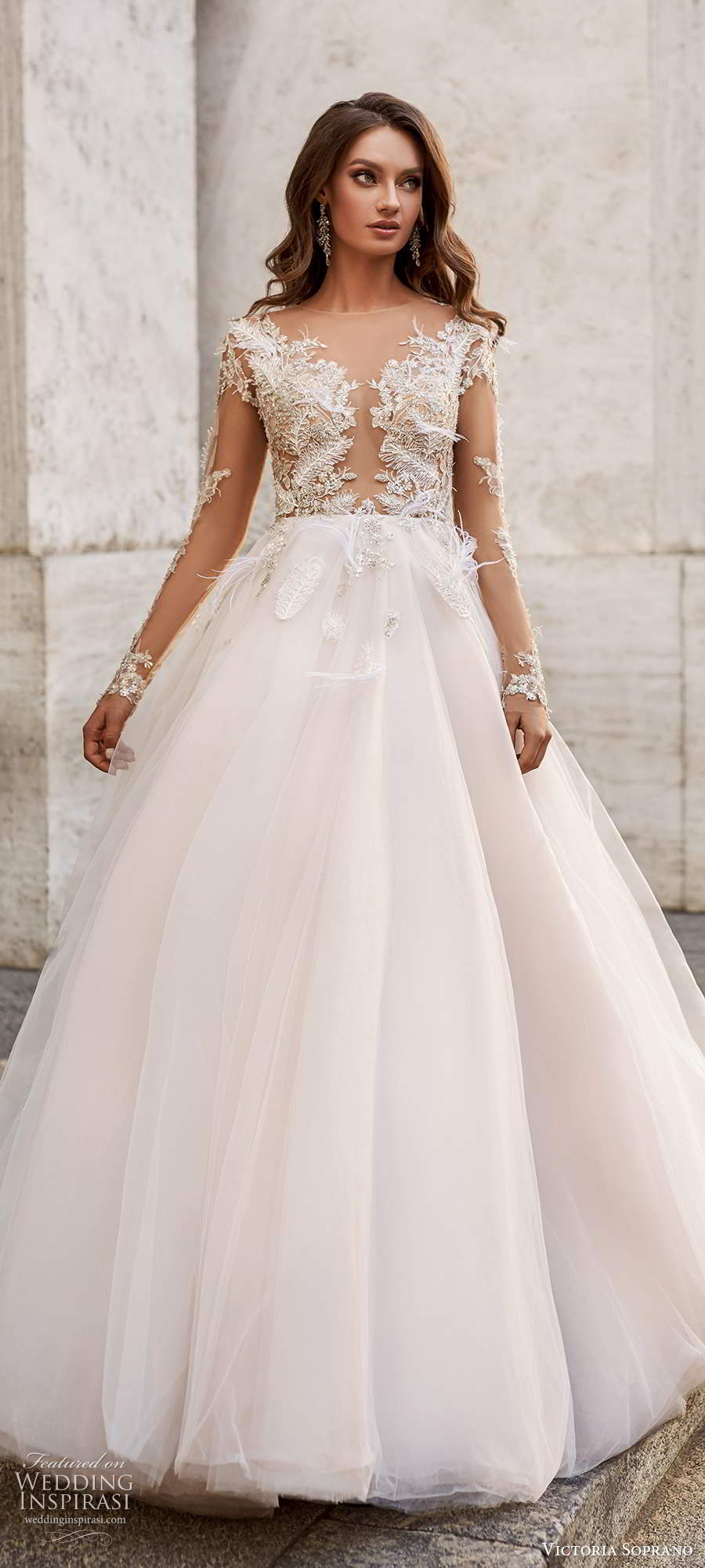 victoria soprano fall 2020 bridal illusion long sleeves illusion jewel plunging v neckline embellished bodice a line ball gown wedding dress chapel train (18) mv