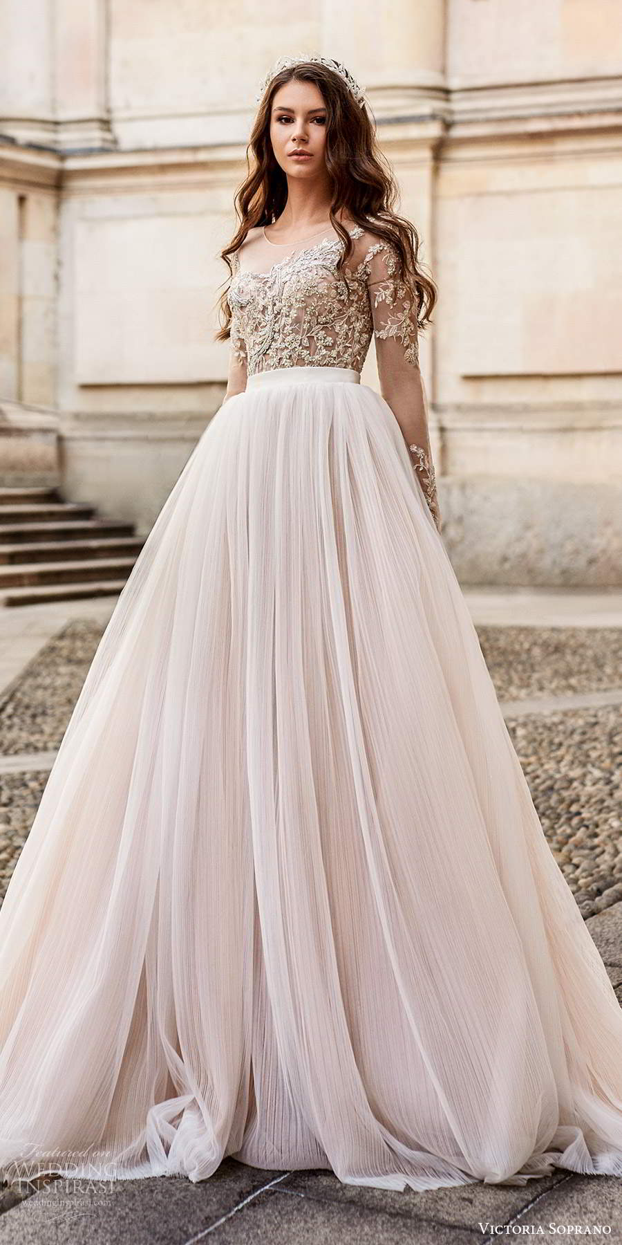 victoria soprano fall 2020 bridal illusion long sleeves jewel neckline heavily embellished bodice clean skirt a line ball gown wedding dress chapel train (6) mv