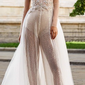victoria soprano fall 2020 bridal illusion long sleeves jewel neckline pant suit wedding dress a line chapel train (14) mv