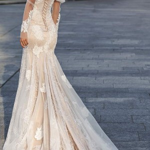 victoria soprano fall 2020 bridal illusion long sleeves off shoulder semi sweetheart fulyl embellished lace fit flare mermaid wedding dress chapel train (9) bv