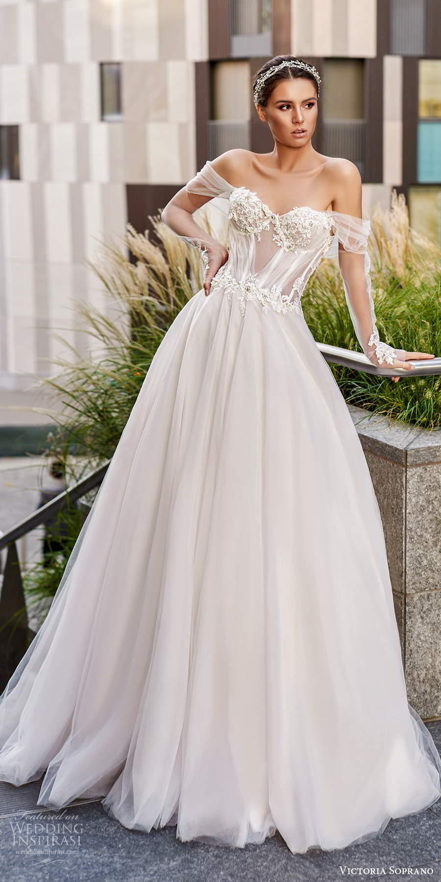 victoria soprano fall 2020 bridal illusion long sleeves off shoulder sweetheart neckline sheer bodice a line ball gown wedding dress chapel train (19) mv