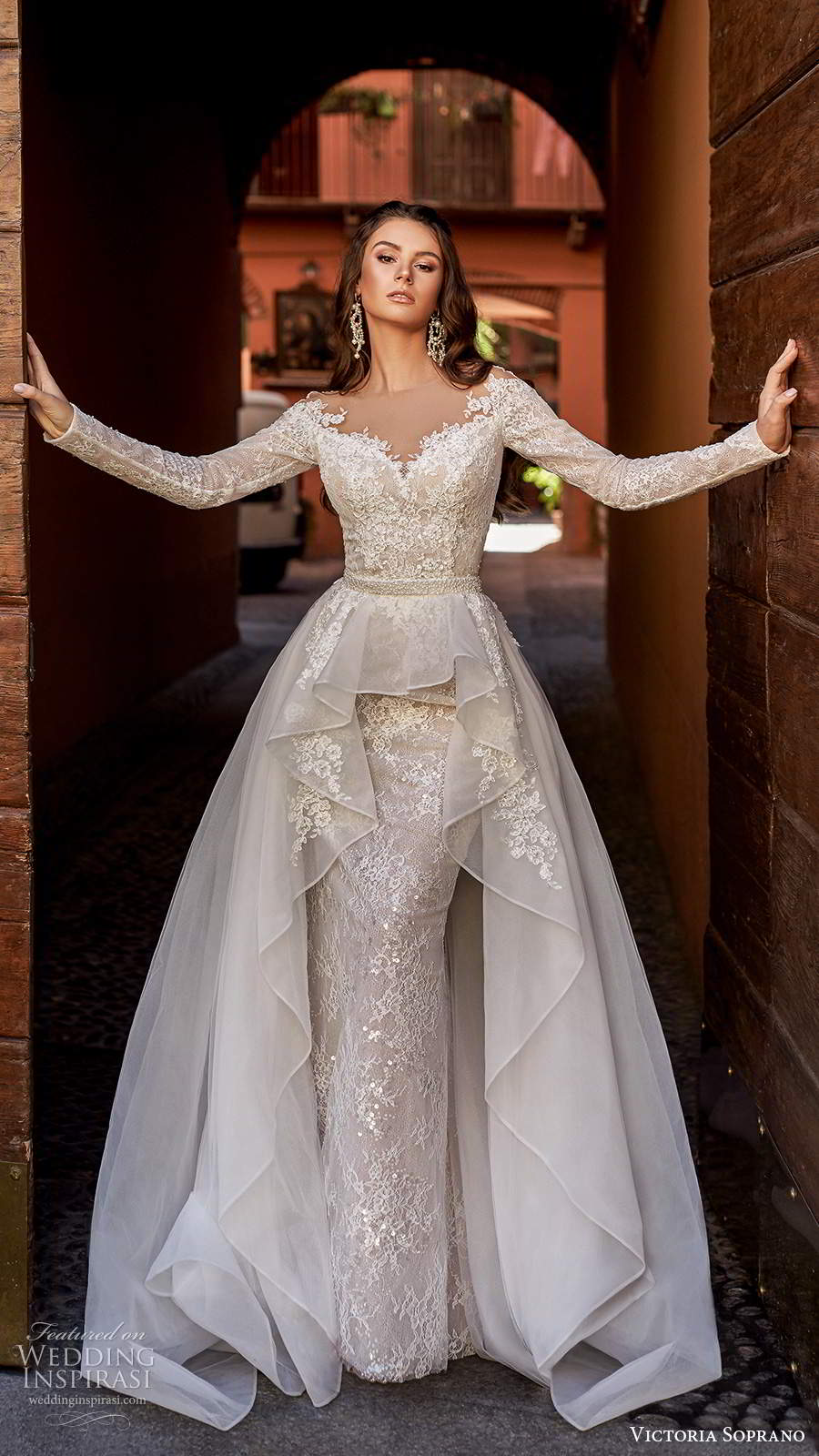 victoria soprano fall 2020 bridal long sleeves illusion bateau sweetheart neckline fully embellished sheath lace wedding dress a line ball gown overskirt chapel train (3) mv