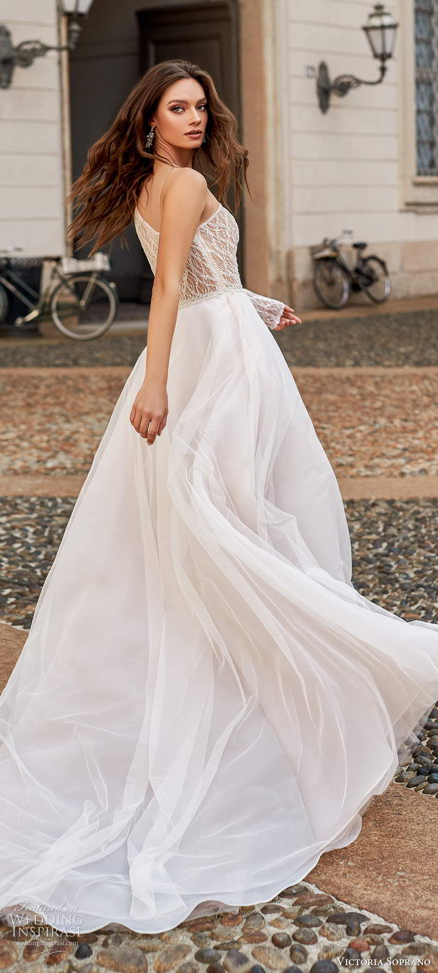 victoria soprano fall 2020 bridal one shoulder long sleeves asymmetric neckline embellished bodice clean skirt a line ball gown wedding dress chapel train (12) bv