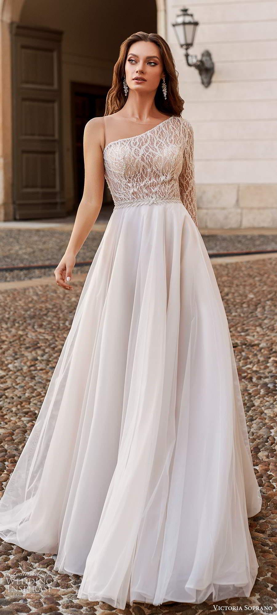 victoria soprano fall 2020 bridal one shoulder long sleeves asymmetric neckline embellished bodice clean skirt a line ball gown wedding dress chapel train (12) mv