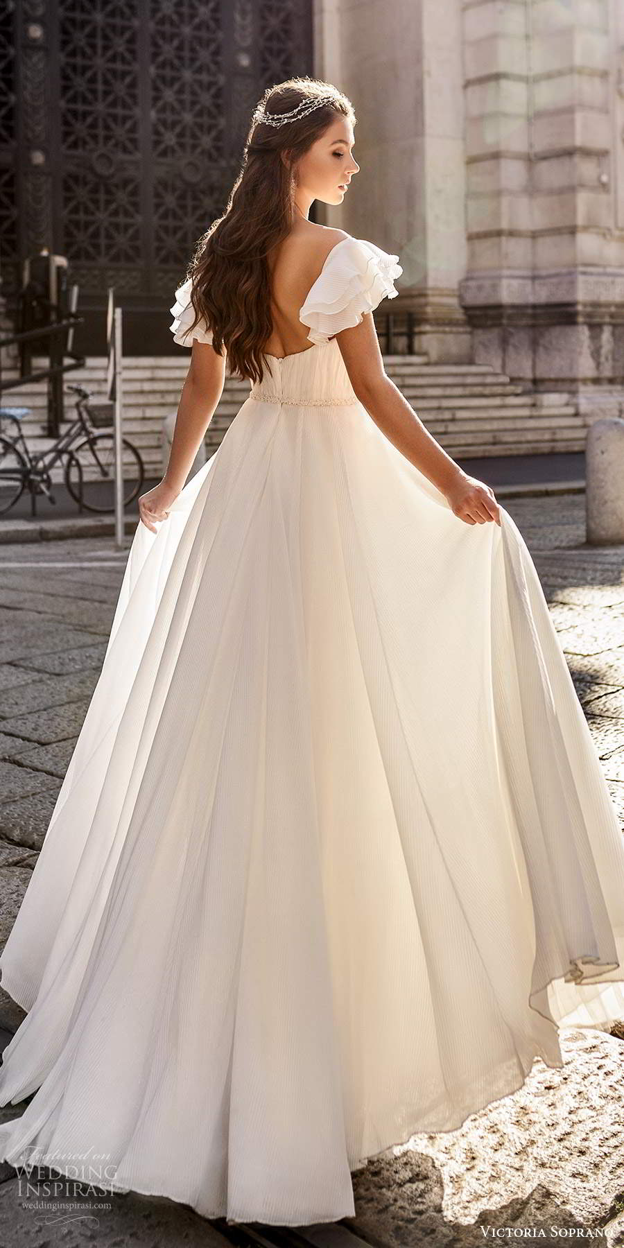 victoria soprano fall 2020 bridal short flutter sleeves off shoulder sweetheart neckline ruched bodice a line simple wedding dress chapel train (5) bv