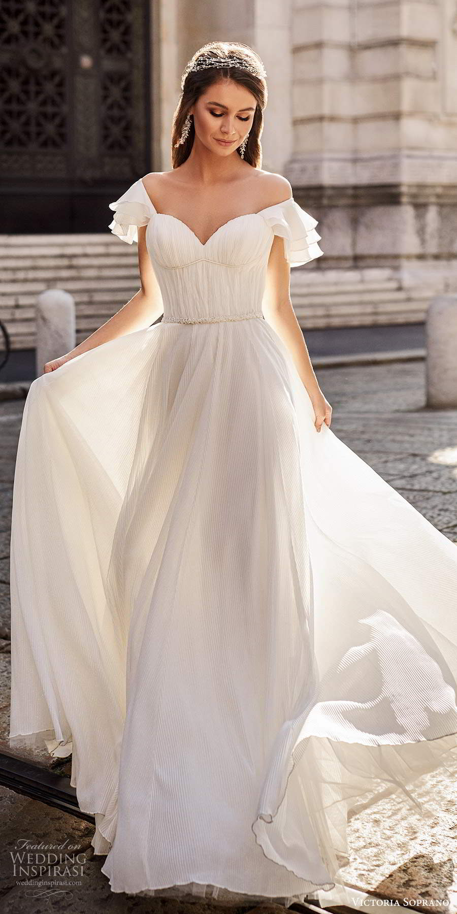 victoria soprano fall 2020 bridal short flutter sleeves off shoulder sweetheart neckline ruched bodice a line simple wedding dress chapel train (5) mv