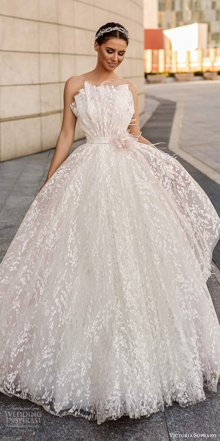 victoria soprano fall 2020 bridal strapless crumbcatcher neckline fully embellished pink blush a line ball gown wedding dress chapel train (13) mv