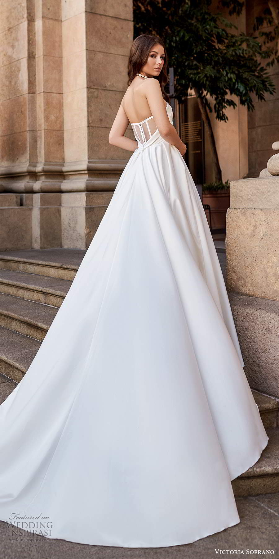 victoria soprano fall 2020 bridal strapless plunging sweetheart neckline clean minimalist a line ball gown wedding dress chapel train (7) bv