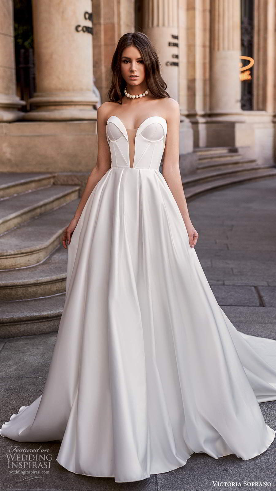 victoria soprano fall 2020 bridal strapless plunging sweetheart neckline clean minimalist a line ball gown wedding dress chapel train (7) mv