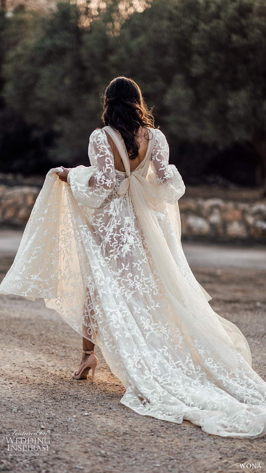 wona fall 2020 bridal illusion long poet sleeves crossover v neckline fully embellished lace a line ball gown wedding dress chapel train (4) bv