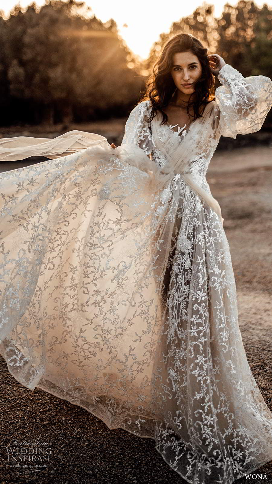 wona fall 2020 bridal illusion long poet sleeves crossover v neckline fully embellished lace a line ball gown wedding dress chapel train (4) mv 