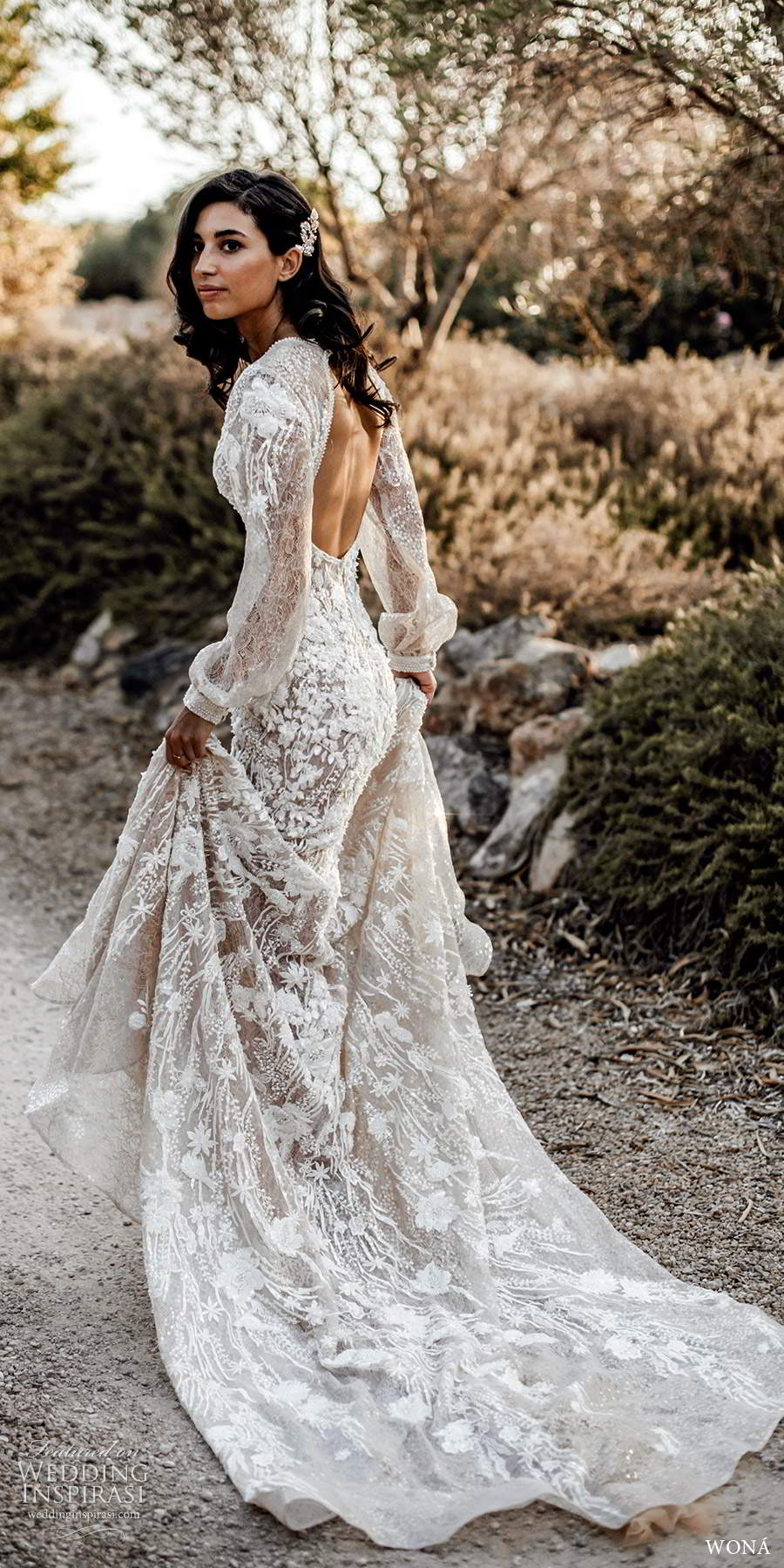 wona fall 2020 bridal illusion long poet sleeves v neckline fully embellished a line fit flare wedding dress keyhole back chapel train (6) bv 