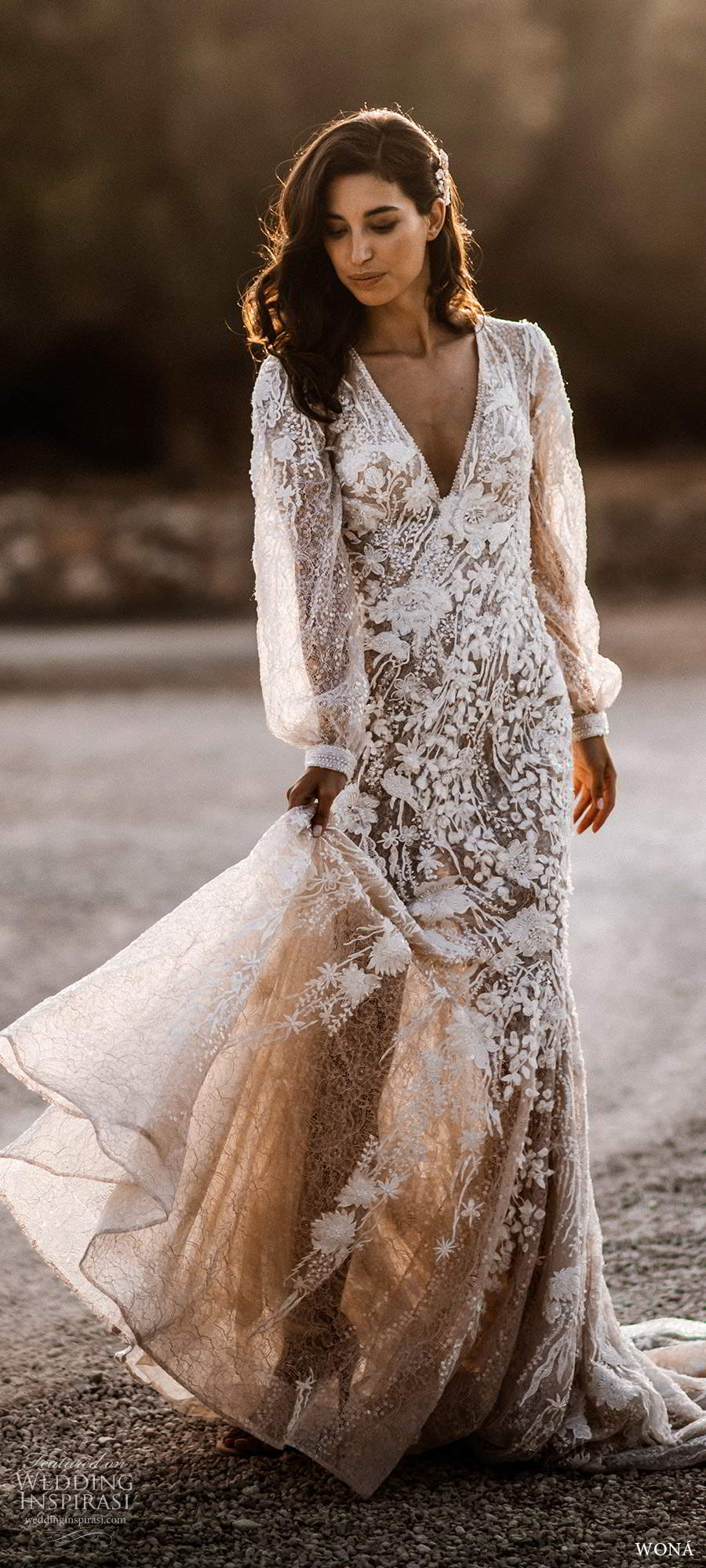 wona fall 2020 bridal illusion long poet sleeves v neckline fully embellished a line fit flare wedding dress keyhole back chapel train (6) mv