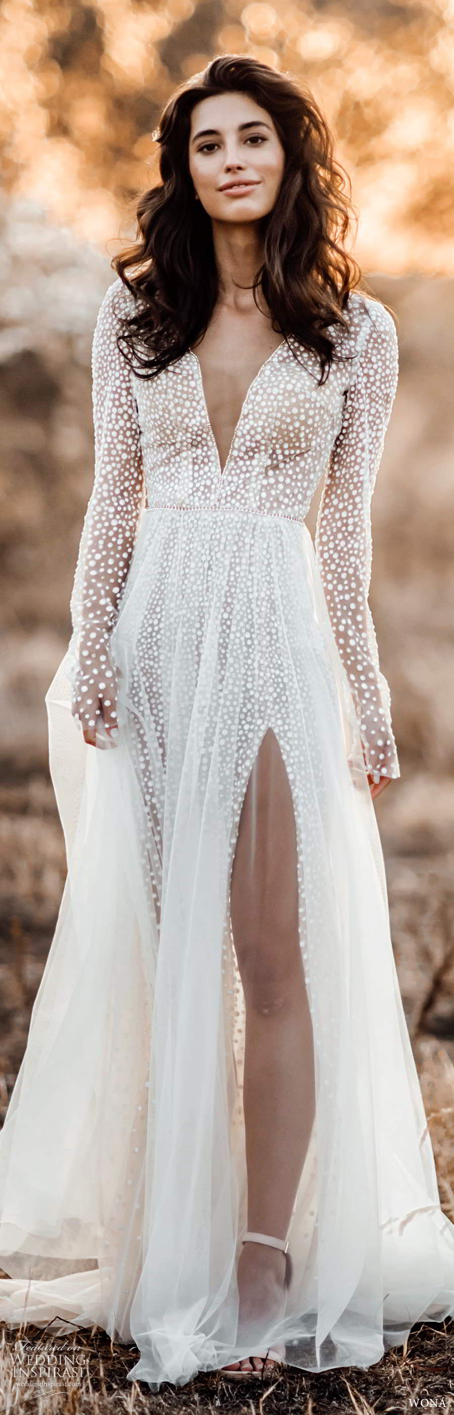 wona fall 2020 bridal illusion long sleeves plunging v neckline fully embellished a line wedding dress slit skirt chapel train (17) mv wona fall 2020 bridal illusion long sleeves plunging v neckline fully embellished a line wedding dress slit skirt chapel train (17) mv