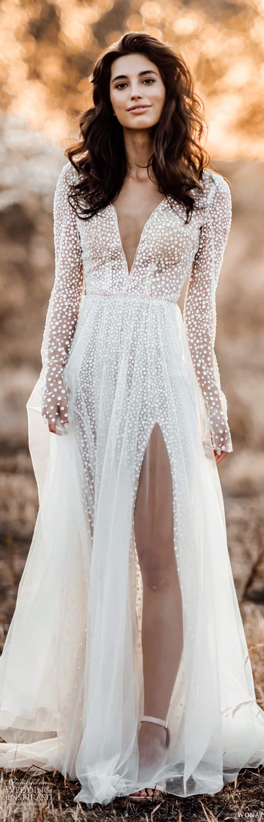 wona fall 2020 bridal illusion long sleeves plunging v neckline fully embellished a line wedding dress slit skirt chapel train (17) mv