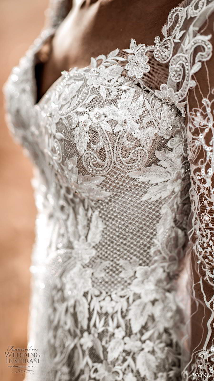 wona fall 2020 bridal illusion long sleeves sweetheart neckline fully embellished lace fit flare mermaid wedding dress blush v back chapel train (12) zv wona fall 2020 bridal illusion long sleeves sweetheart neckline fully embellished lace fit flare mermaid wedding dress blush v back chapel train (12) zv