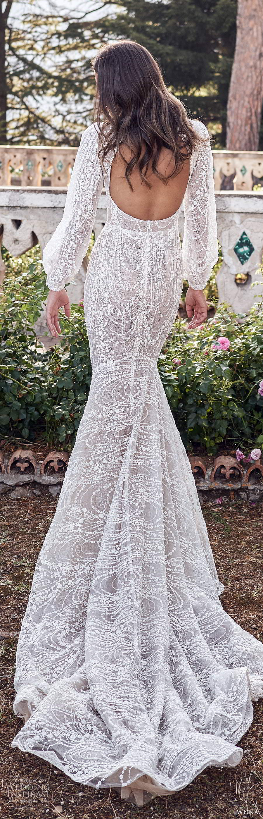 wona fall 2020 bridal long poet sleeves v neckline fully embellished fit flare mermaid wedding dress scoop back chapel train (3) bv