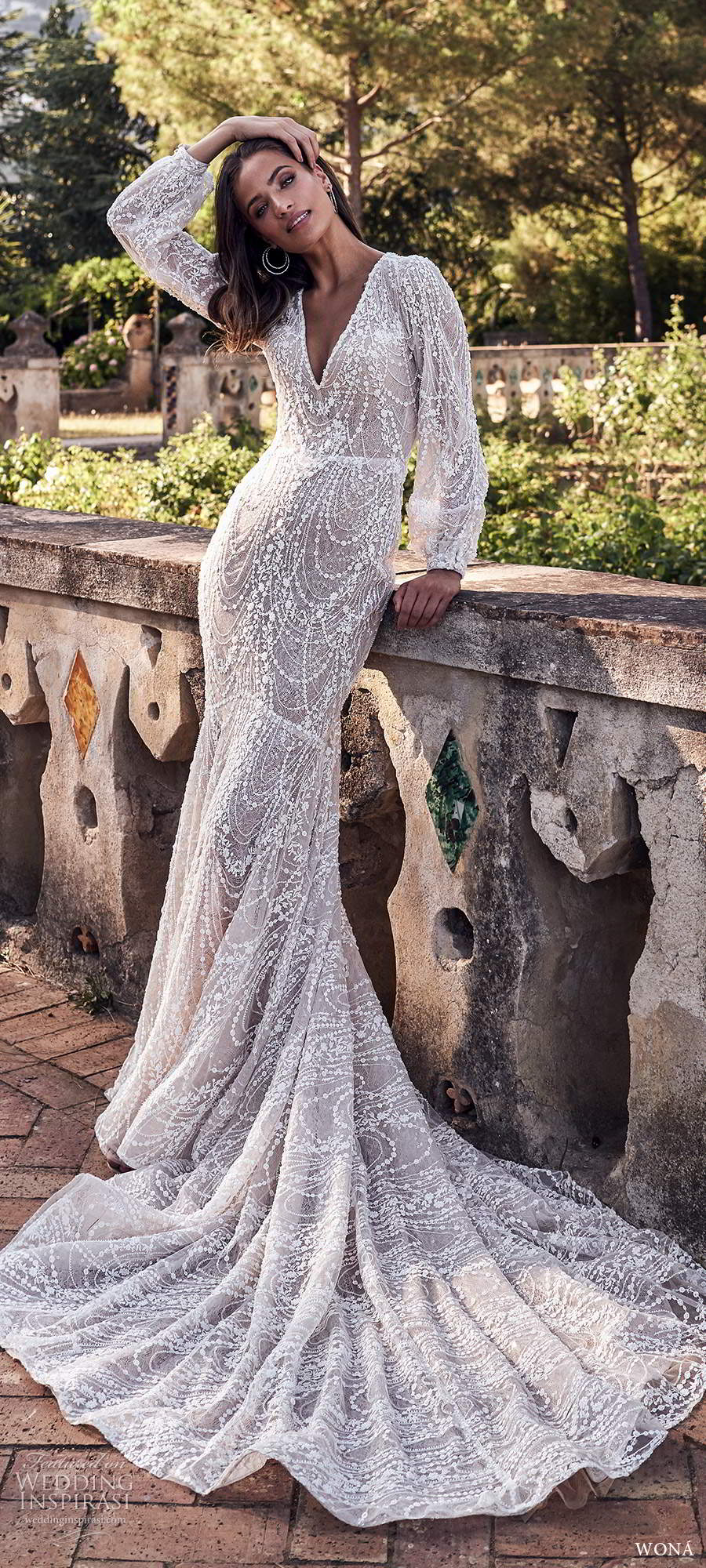 wona fall 2020 bridal long poet sleeves v neckline fully embellished fit flare mermaid wedding dress scoop back chapel train (3) mv