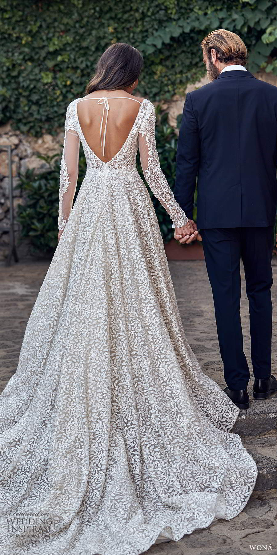 wona fall 2020 bridal long sleeves v neckline fully embellished a line ball gown wedding dress chapel train (5) bv