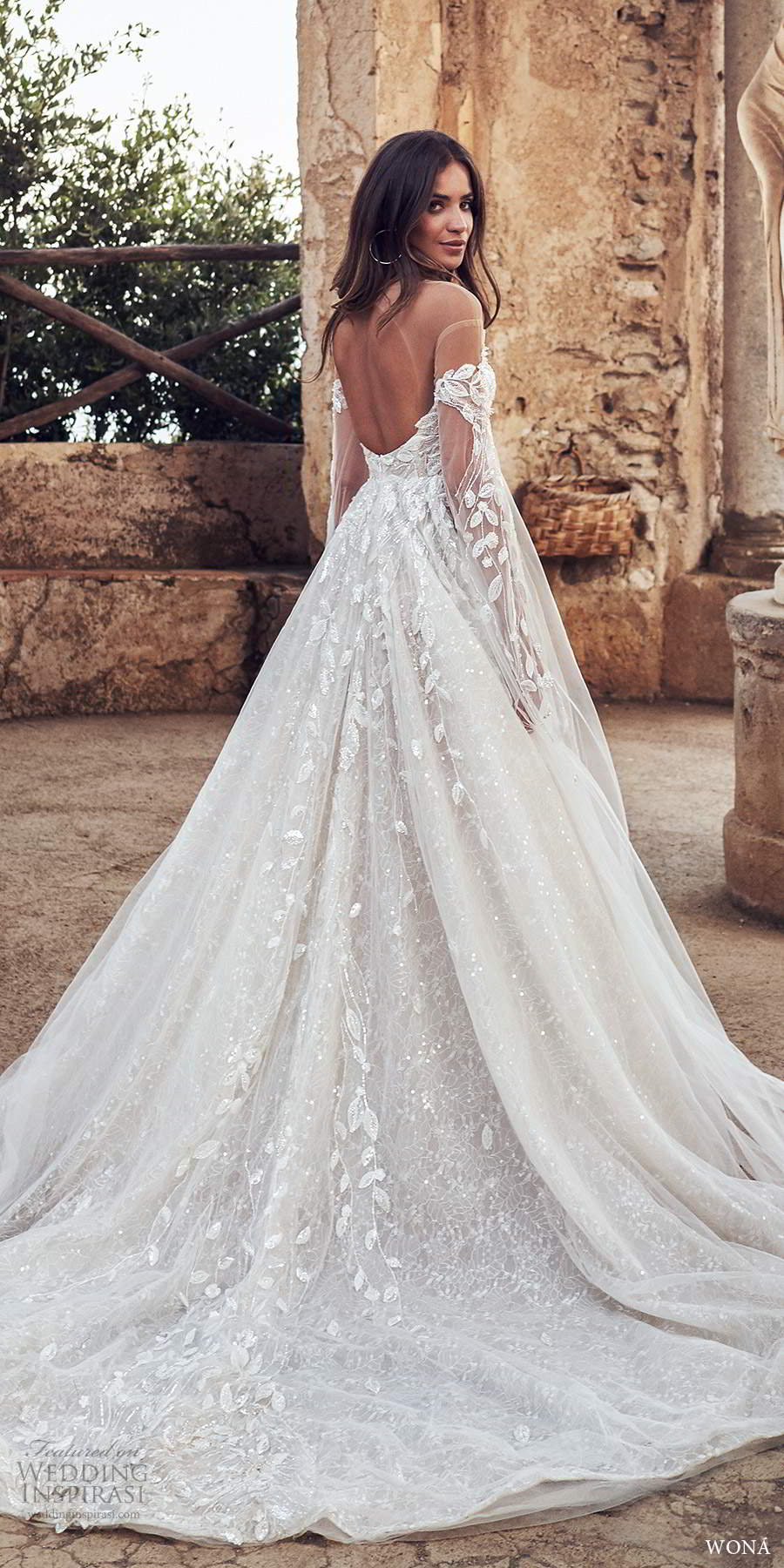 wona fall 2020 bridal long split sleeves off shoulder sweetheart neckline fully embellished a line ball gown wedding dress keyhole back chapel train (19) bv