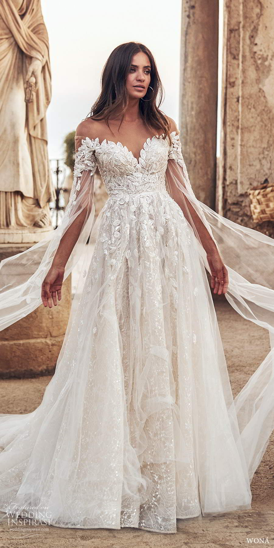 wona fall 2020 bridal long split sleeves off shoulder sweetheart neckline fully embellished a line ball gown wedding dress keyhole back chapel train (19) mv