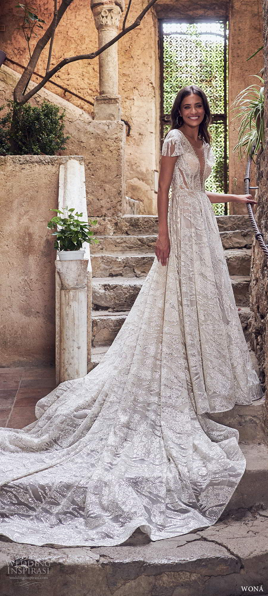 wona fall 2020 bridal short sleeves plunging v neckline fully embellished a line ball gown wedding dress low scoop back cathedral train (9) mv wona fall 2020 bridal short sleeves plunging v neckline fully embellished a line ball gown wedding dress low scoop back cathedral train (9) mv