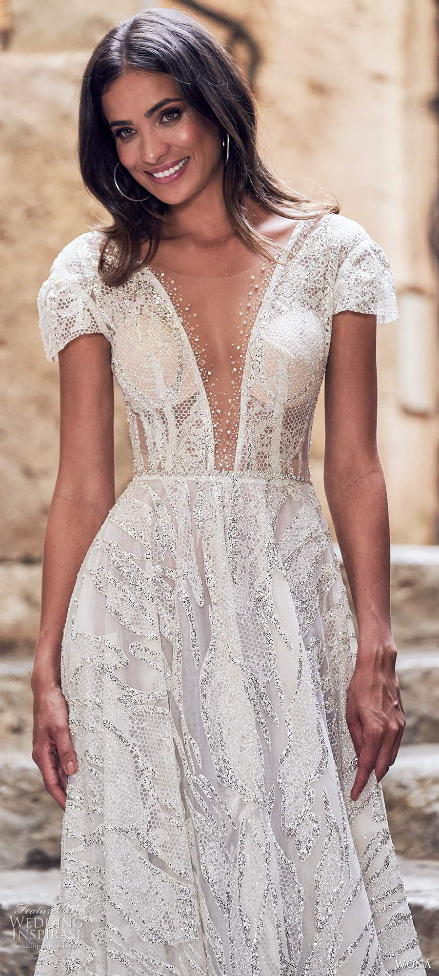 wona fall 2020 bridal short sleeves plunging v neckline fully embellished a line ball gown wedding dress low scoop back cathedral train (9) zv