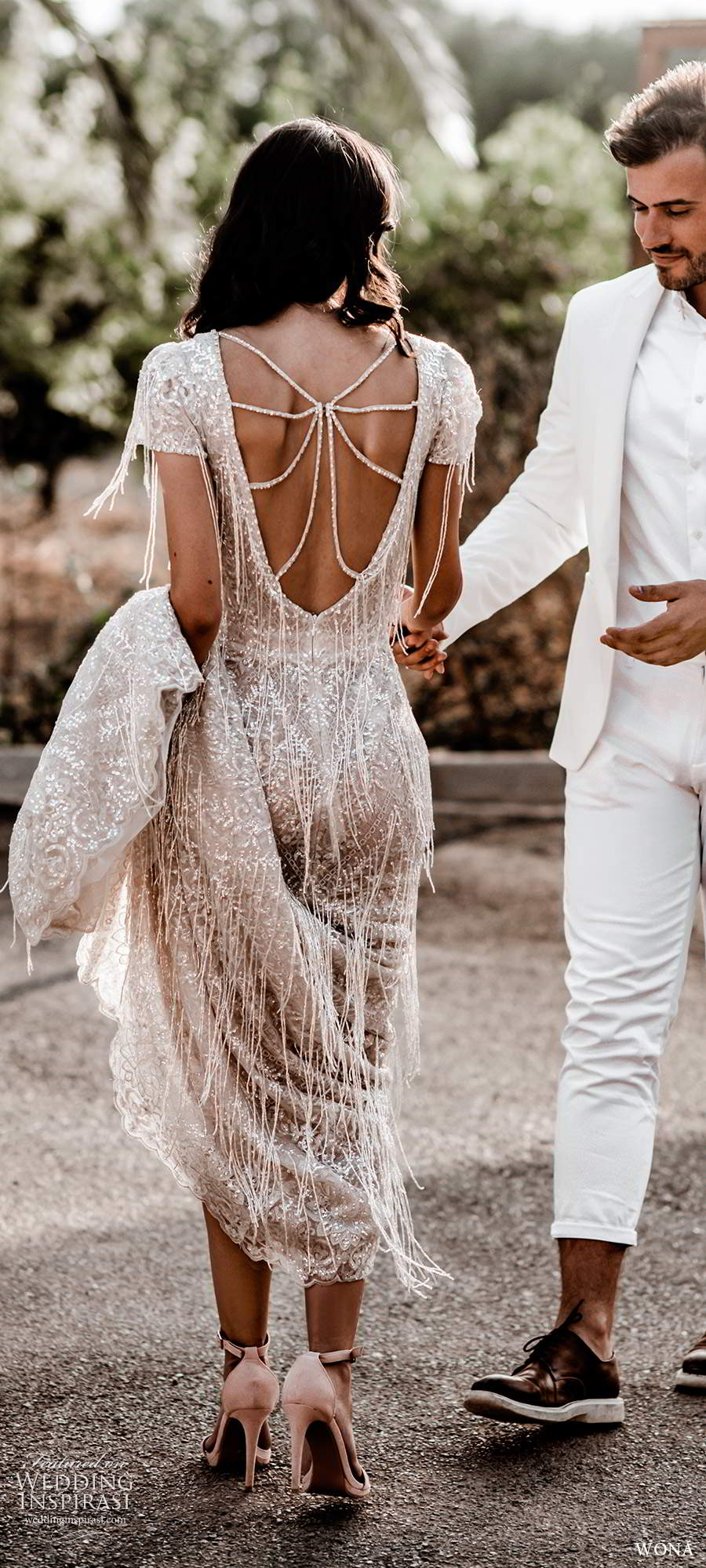 wona fall 2020 bridal short sleeves v neckline fully embellished beaded fringe sheath wedding dress low scoop back chapel train (7) bv