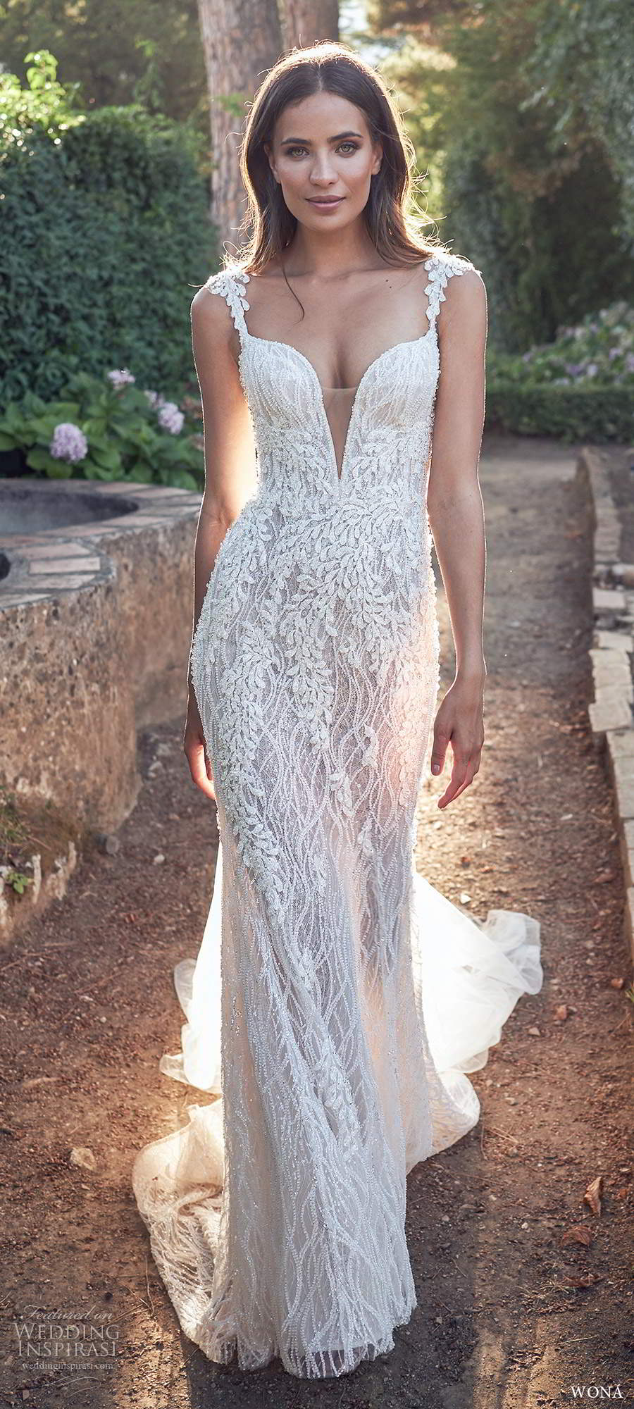 wona fall 2020 bridal sleeveless beaded straps plunging v neckline fully embellished sheath wedding dress illusion v back chapel train (8) mv